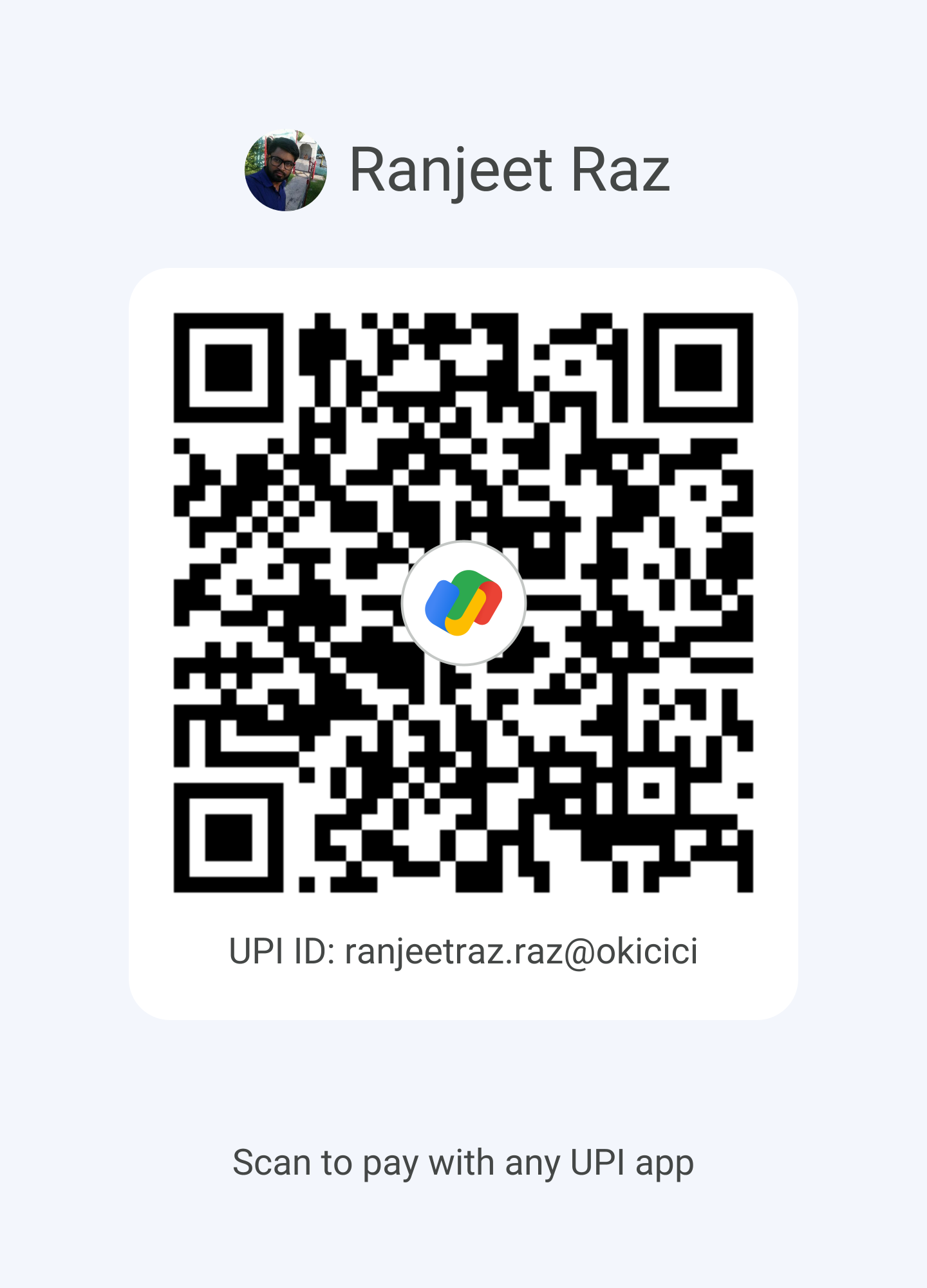 Google Pay UPI QR Code for Ranjeet Raz - UPI ID: ranjeetraz.raz@okicici